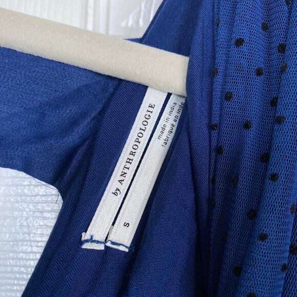 ANTHROPOLOGIE V-Neck Tulle Blouse Navy Blue Bow Size Small Dainty Chic Polka Dot - Picture 6 of 8